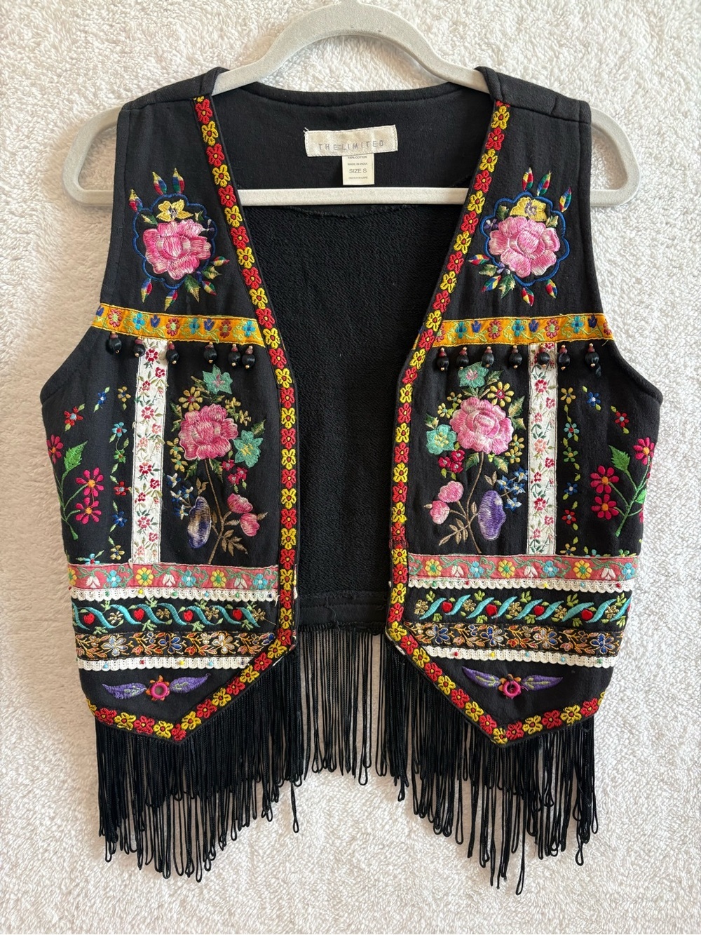 The Limited 90’s Vintage Embroidered Beaded Fringe Cotton Vest Size Small
